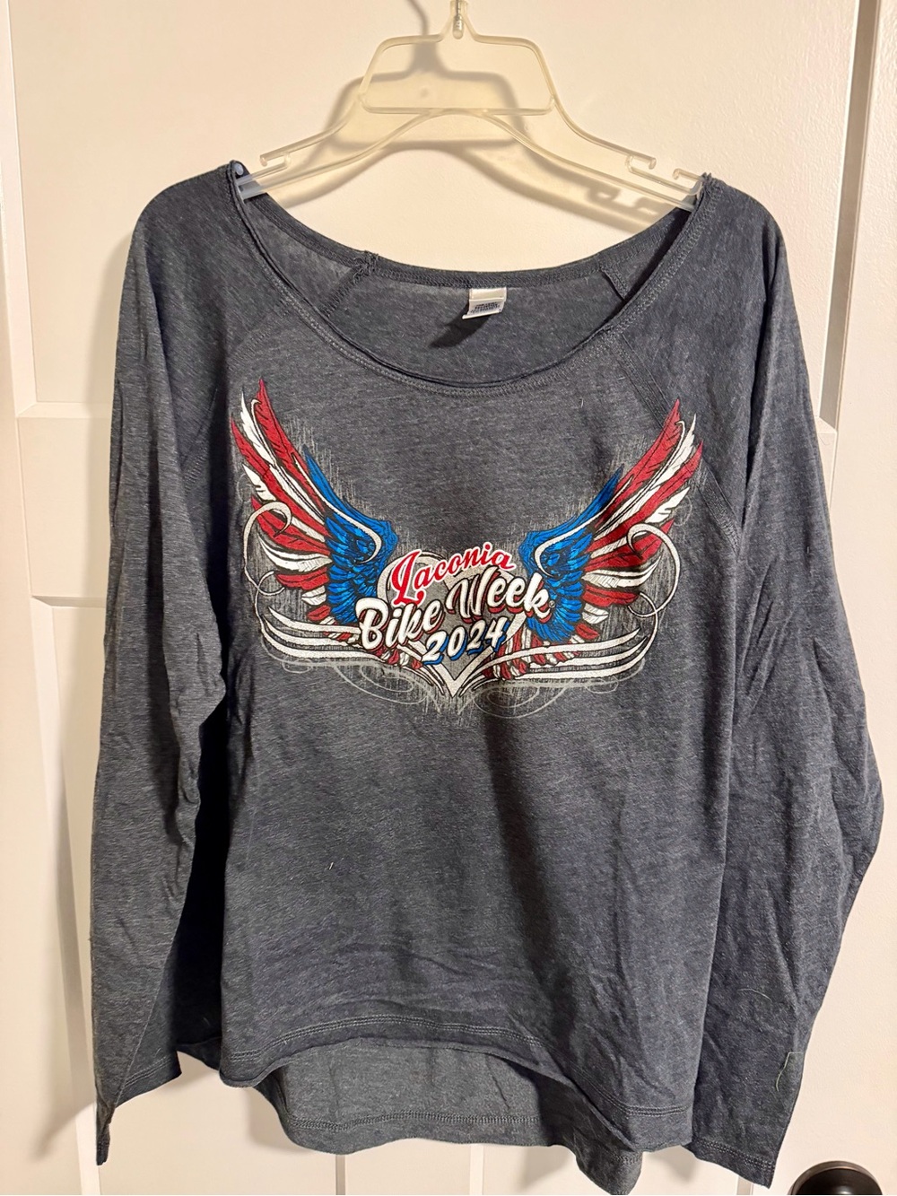 Women's Grey Long-Sleeve Graphic Tee - 'Laconia Bike Week 2024' medium